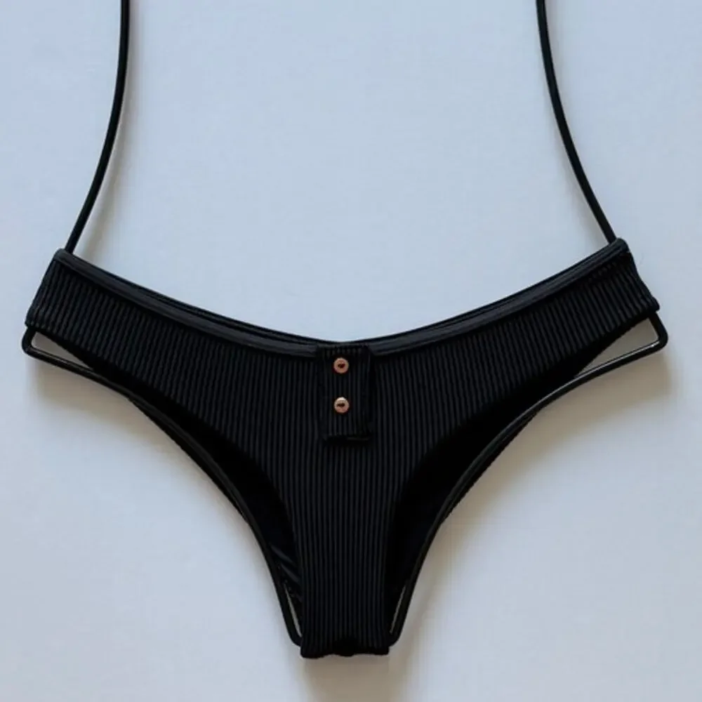Frankies Bikinis Alana Ribbed Button Bikini Bottom - Black - XS - NWOT